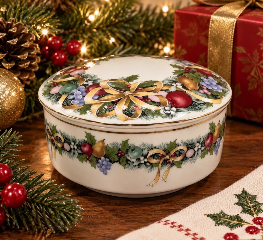 Mikasa Christmas Bouquet 5” Porcelain Trinket Box Covered Candy Dish